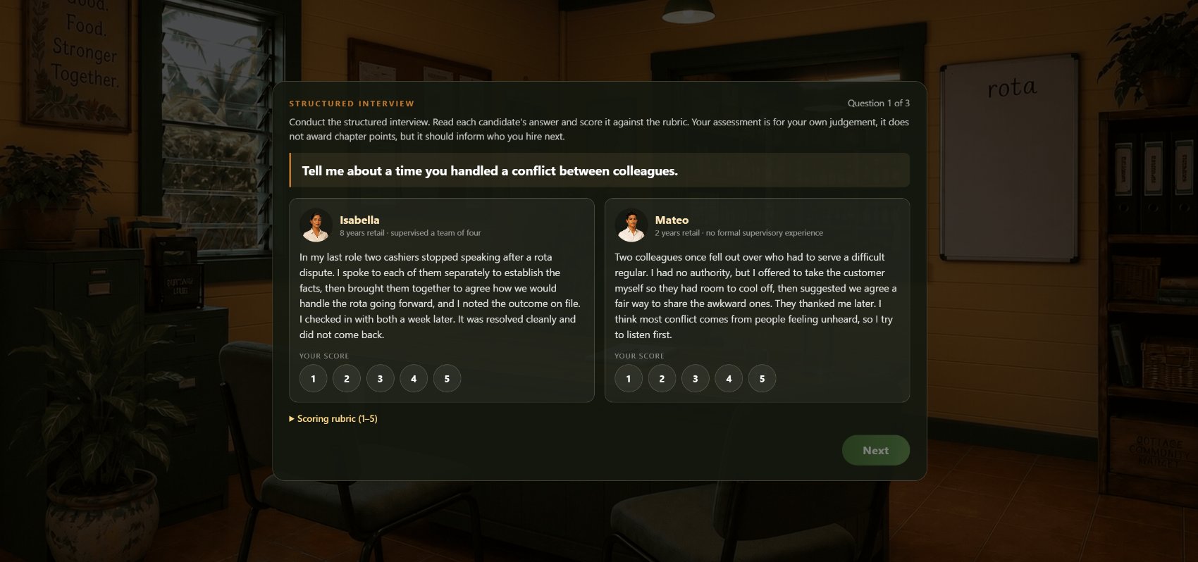 Cottage recruitment mini-game: scoring two candidates in a structured interview against a rubric