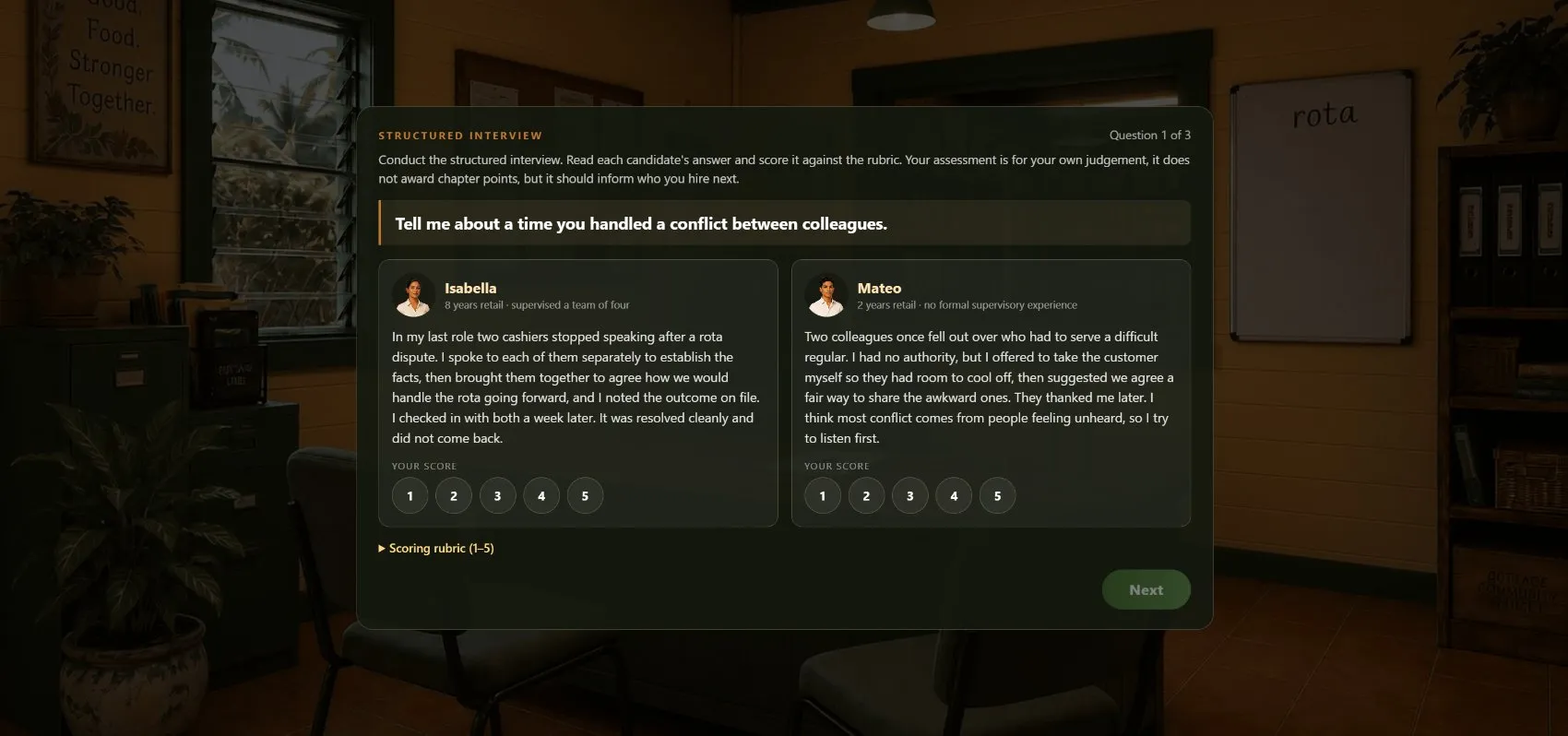 Cottage recruitment mini-game: scoring two candidates in a structured interview against a rubric