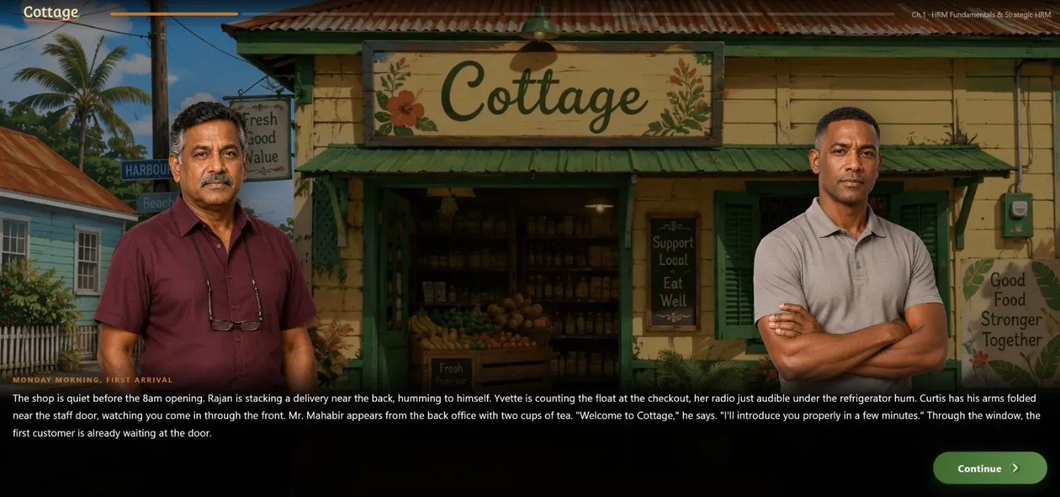 Cottage gameplay: the new manager arrives at a Caribbean grocery to meet the team before opening