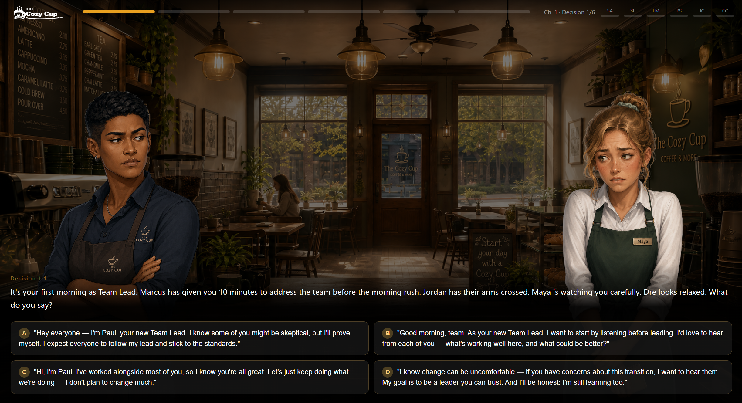 Cozy Cup main gameplay: a learner makes a leadership communication decision in a busy café