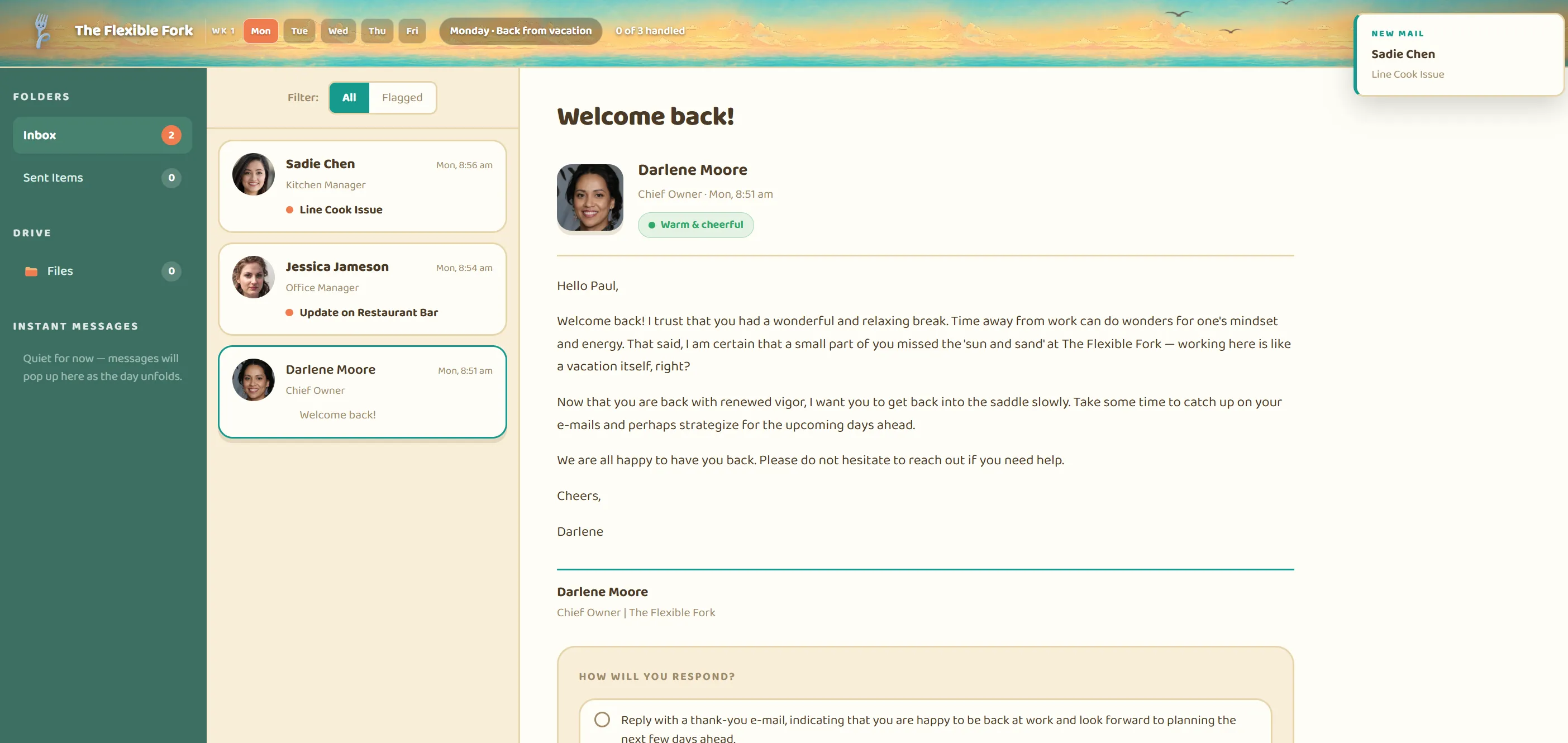 The Flexible Fork inbox on Monday morning: a warm 'Welcome back' email from the Chief Owner, with staff emails queued and a new-mail alert arriving