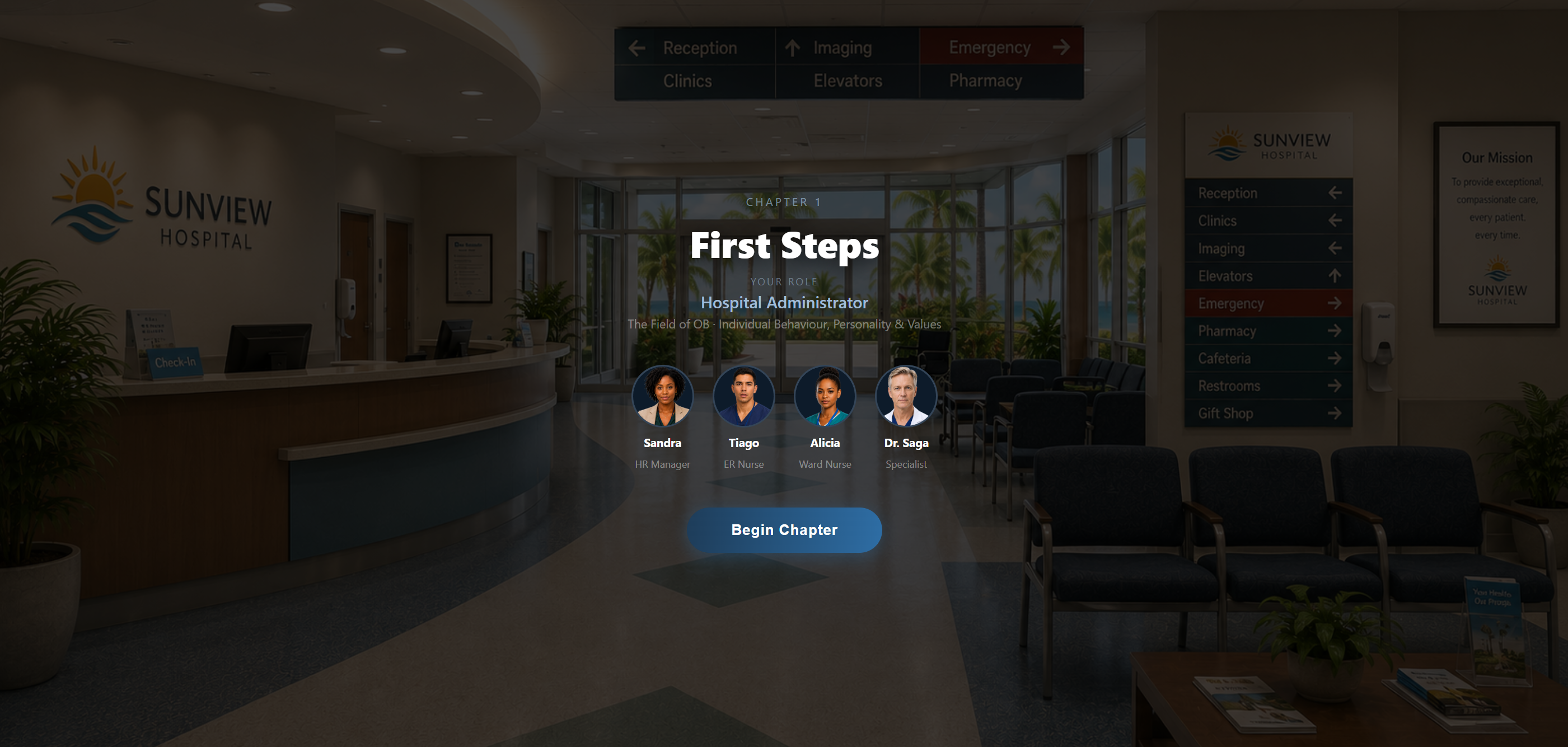 The OB Ward chapter-selection screen: First Steps at Sunview Hospital
