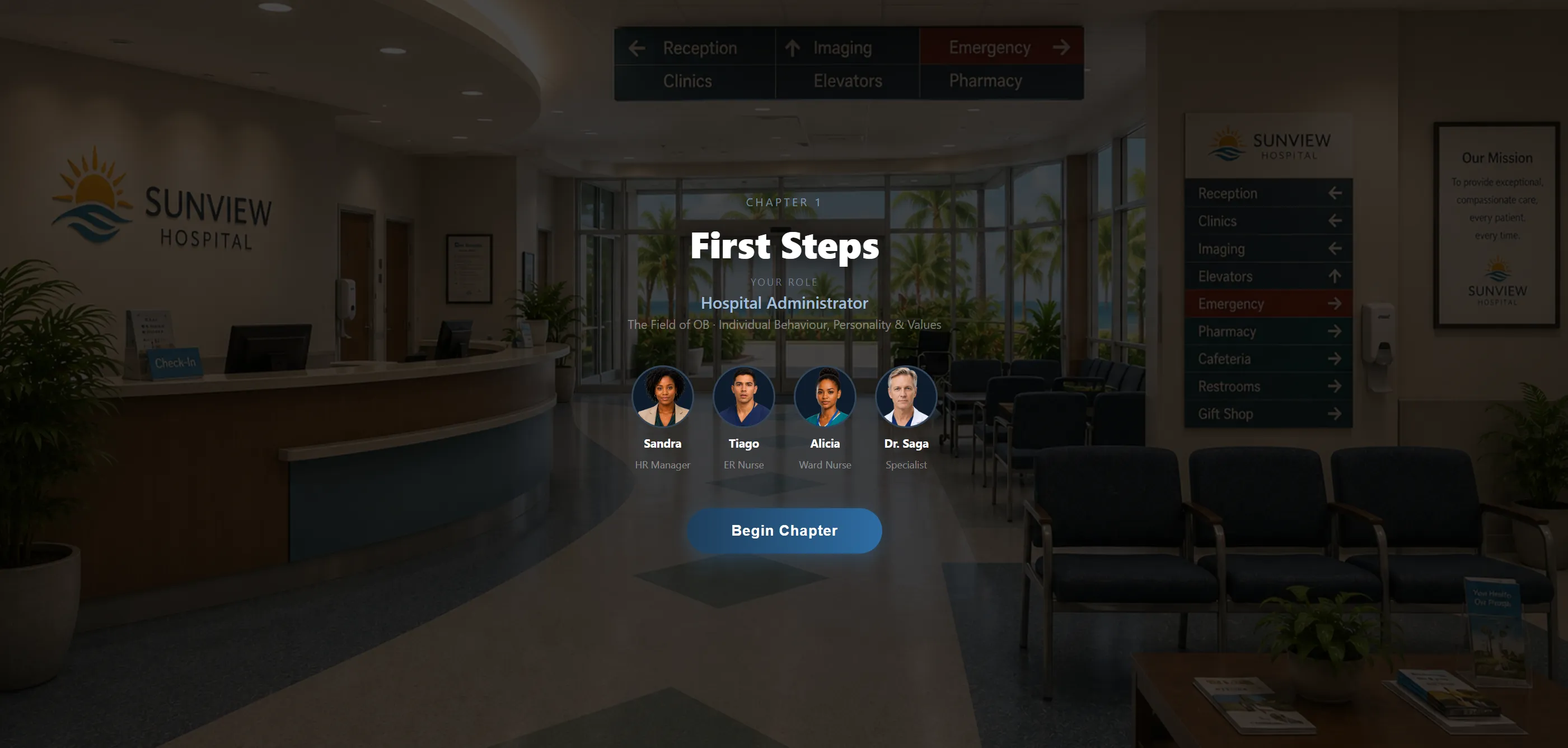 The OB Ward chapter-selection screen: First Steps at Sunview Hospital