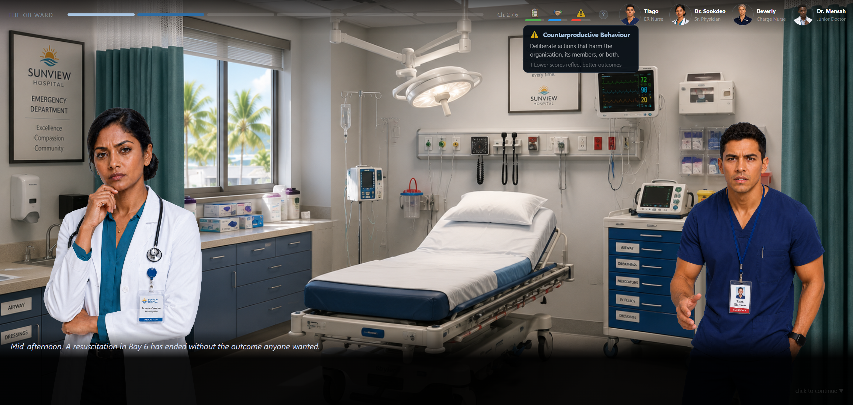 The OB Ward main gameplay: a player navigates a ward scenario at Sunview Hospital